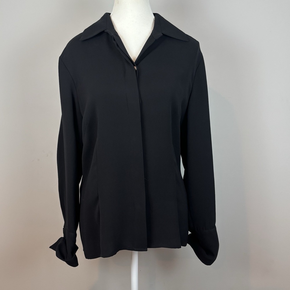 Paul Stewart Women's Black 100% Silk Button‎ Blouse SZ LG Quiet Luxury Classic